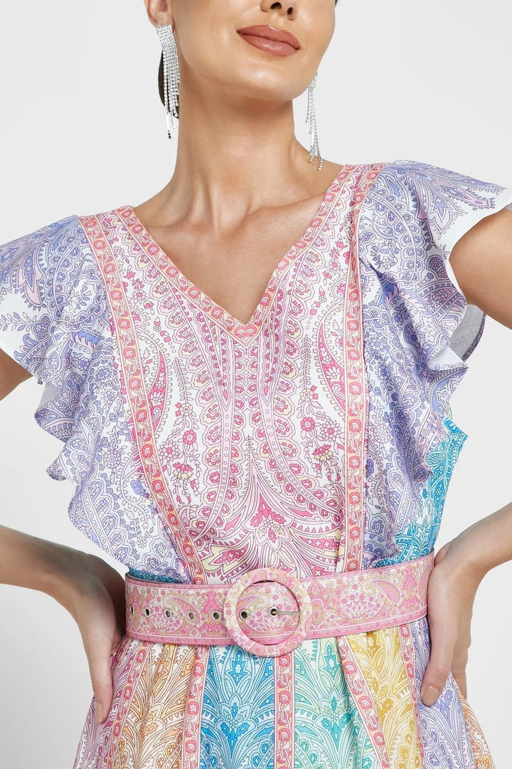 Zanna Baskılı Fırfırlı V Yaka Kemerli Uzun Elbise