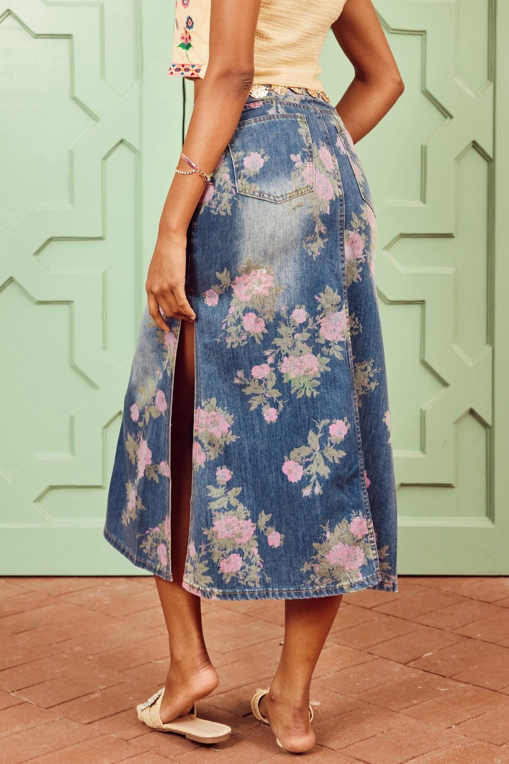 Casey Çiçek Desenli Denim Kalem Etek