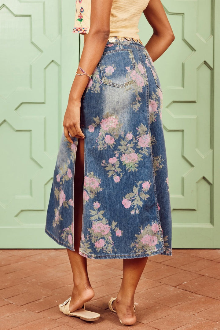 Casey Çiçek Desenli Denim Kalem Etek