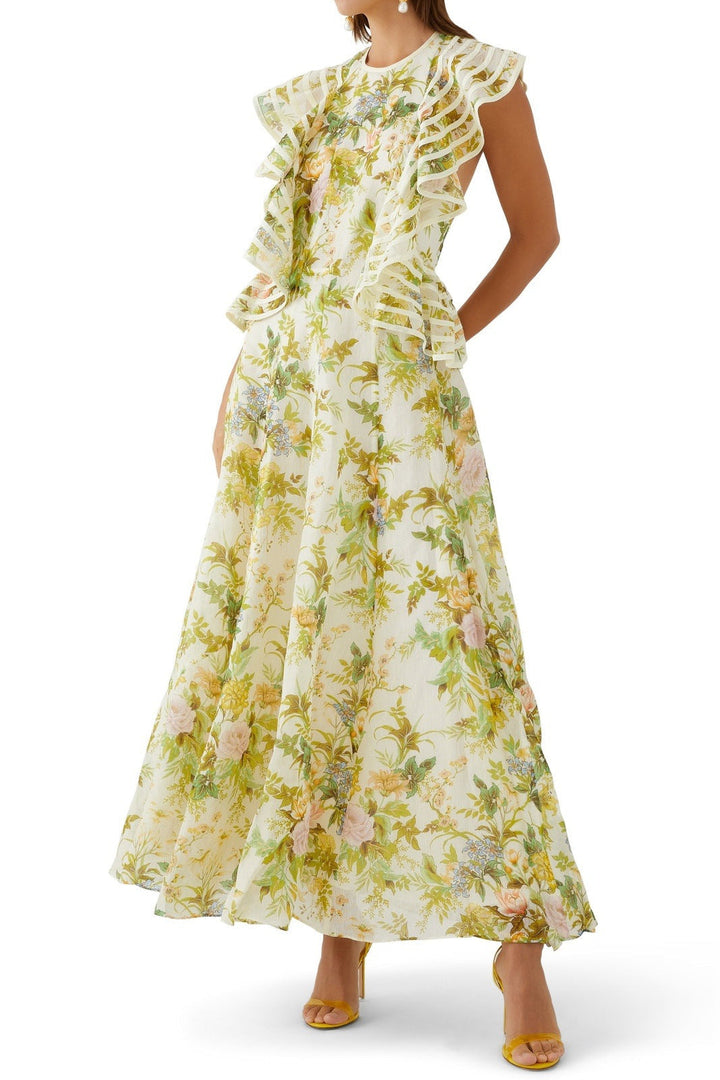 Aggie Baskılı Sırtı Açık Fırfırlı Maxi Elbise