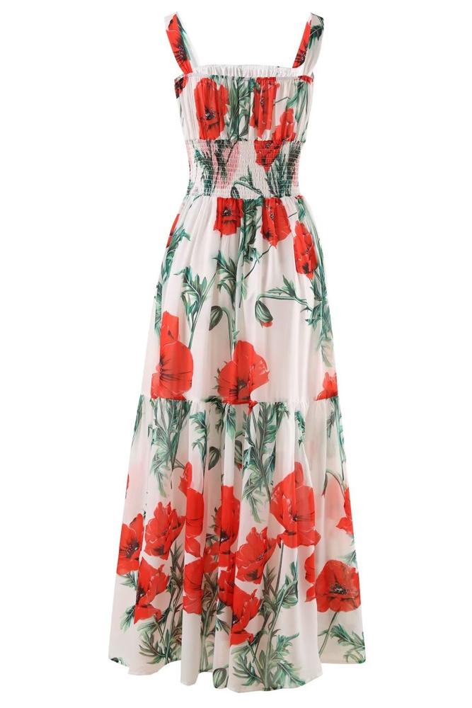 Pauline Baskılı Büzgülü Askılı Maxi Elbise