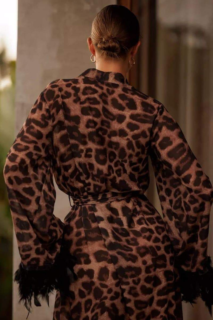 Natalie Leopar Desenli Tüylü Maxi Bornoz