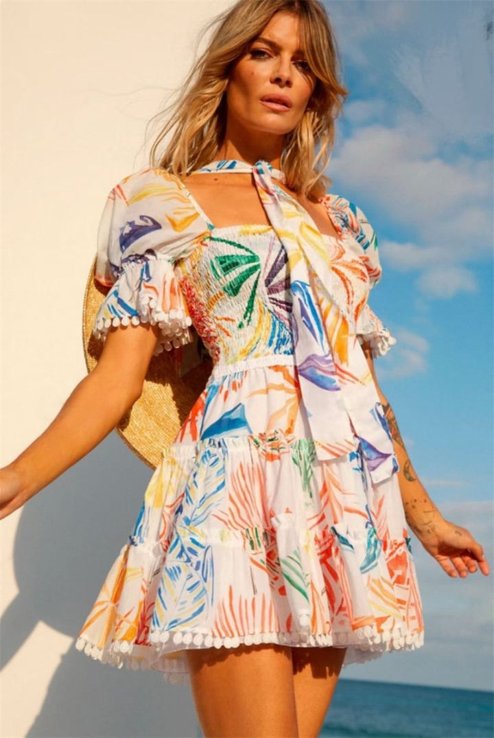 Florence Baskılı Büzgülü Korsajlı Mini Elbise