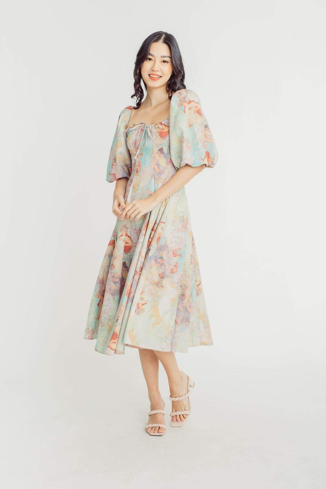 Joyce Baskılı Fener Kollu Midi Elbise