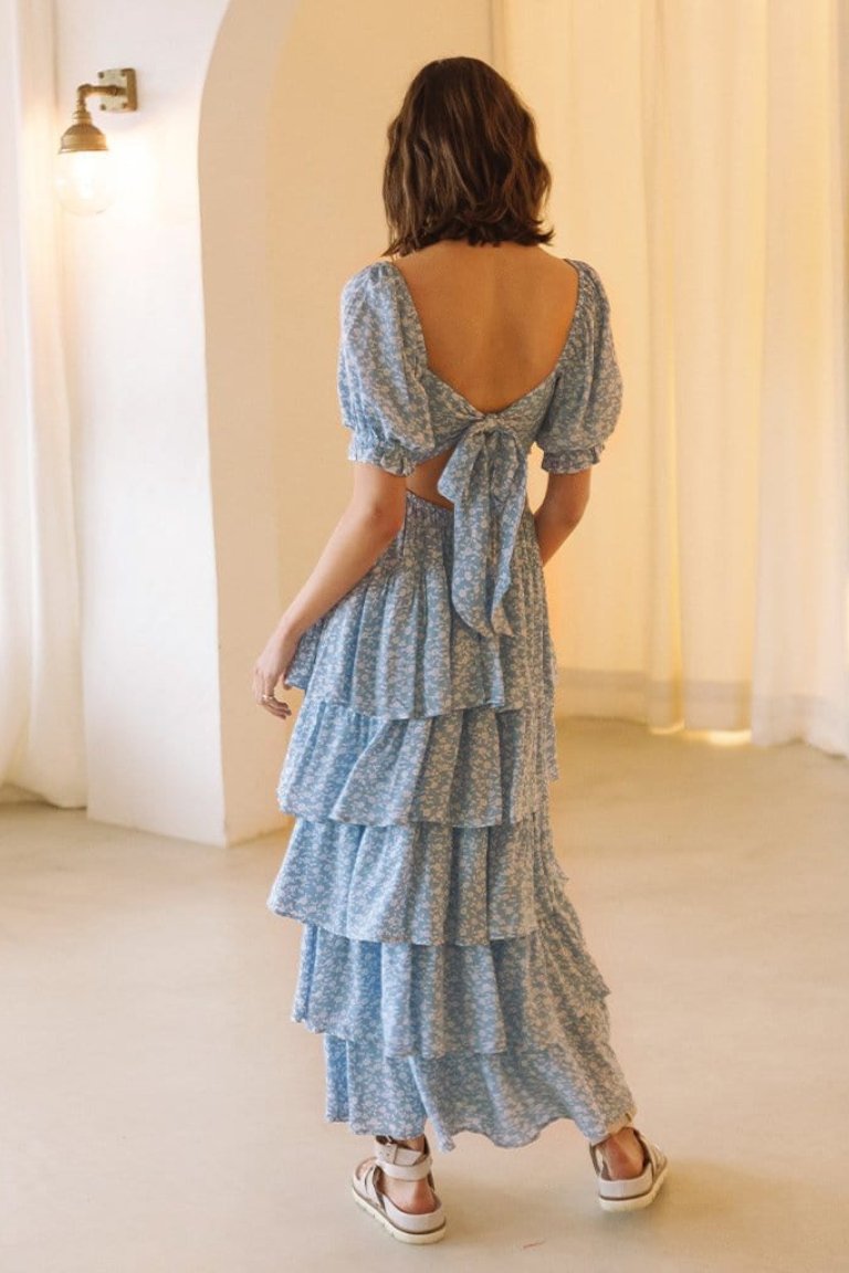 Ebbie Baskılı Papyon Büzgülü Uzun Elbise