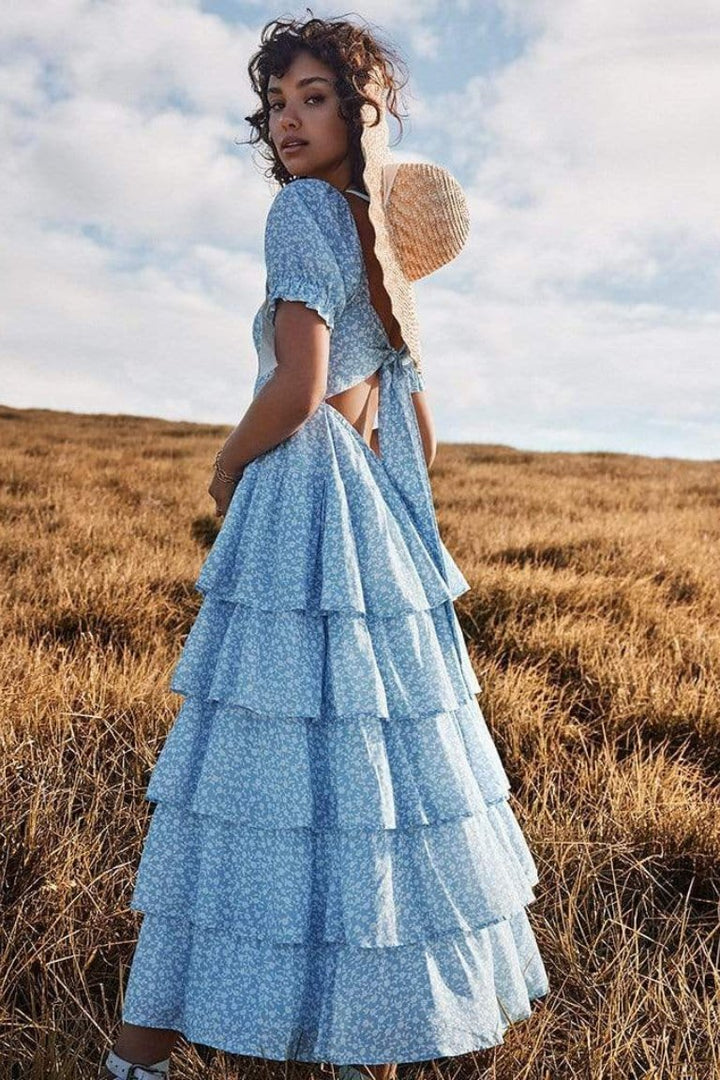 Ebbie Baskılı Papyon Büzgülü Uzun Elbise