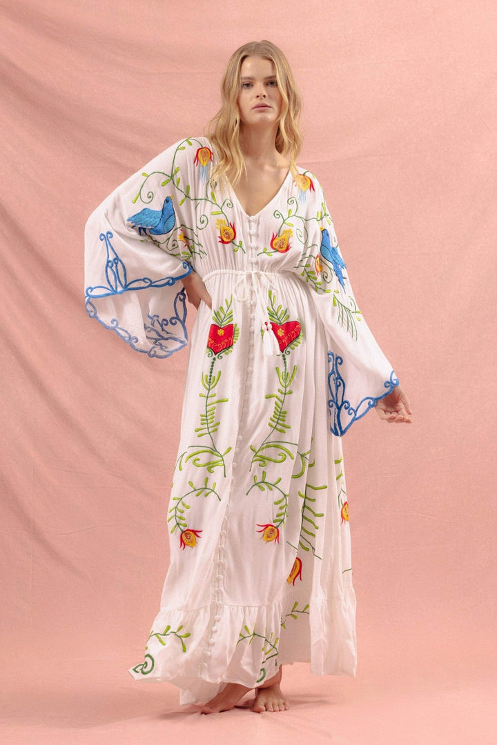 Lola İşlemeli V Yaka Bağcıklı Elbise