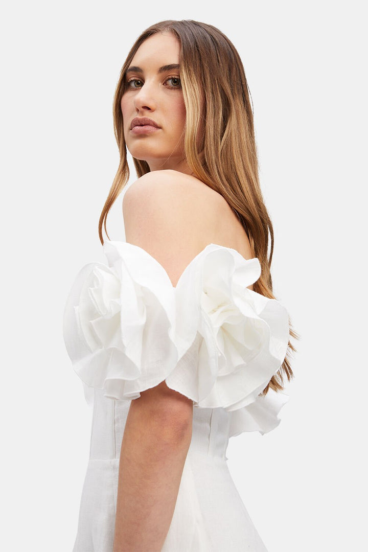 Zolia Çiçek Omuzu Açık Keten Midi Elbise