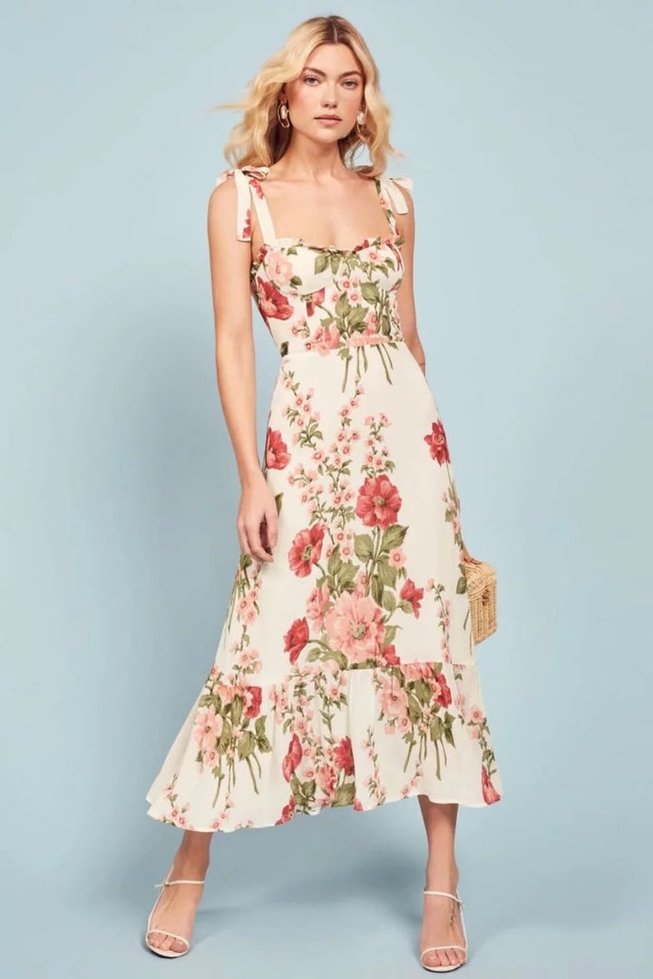 Nela Baskılı Papyon Askılı Midi Elbise