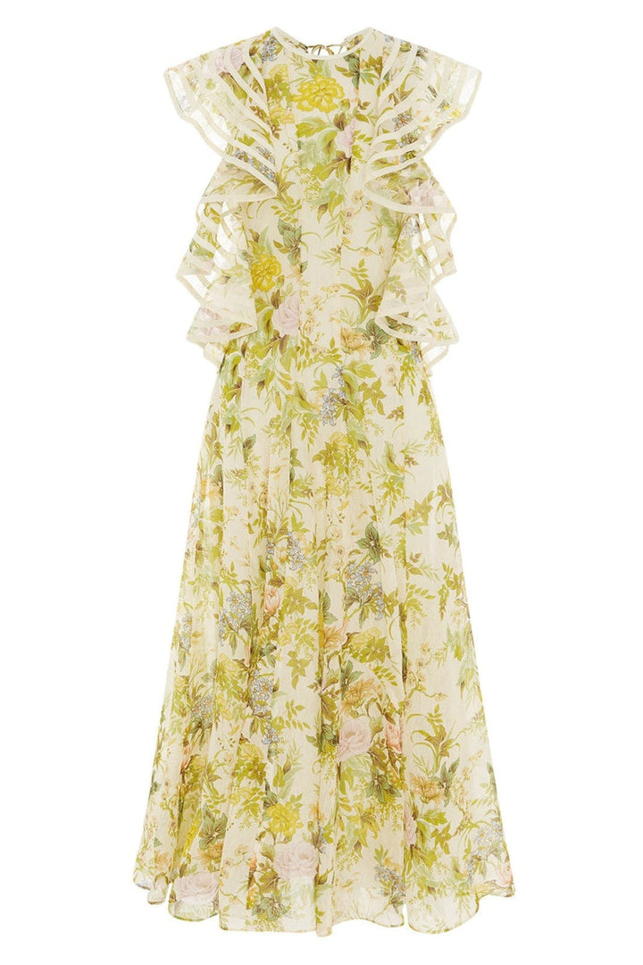 Aggie Baskılı Sırtı Açık Fırfırlı Maxi Elbise