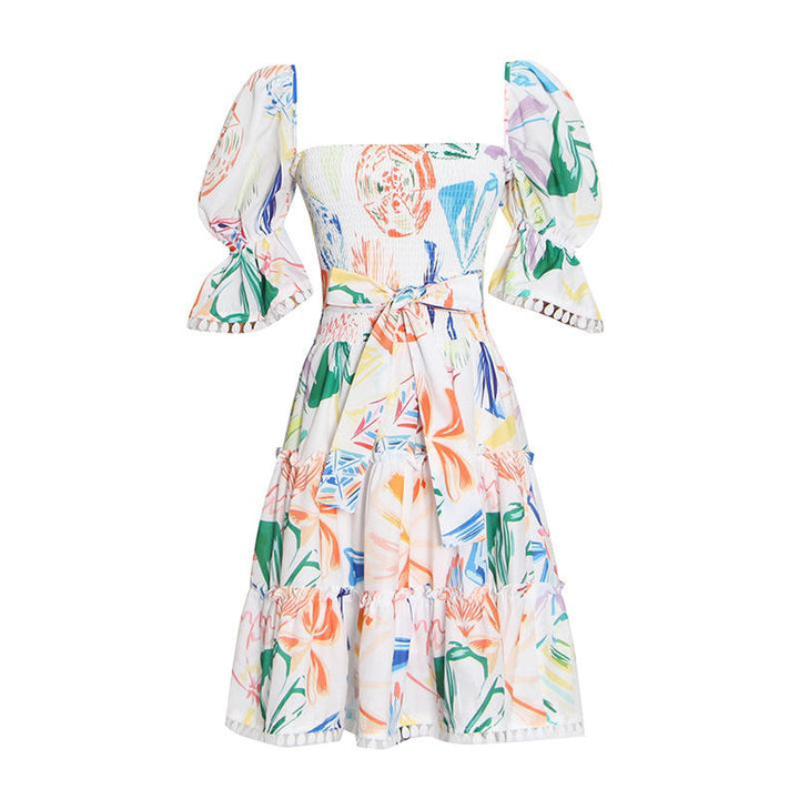 Florence Baskılı Büzgülü Korsajlı Mini Elbise