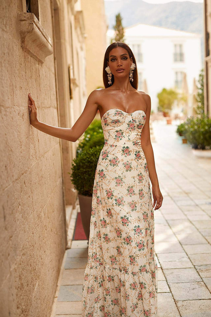 Georgia Baskılı Bağcıklı Straplez Uzun Elbise