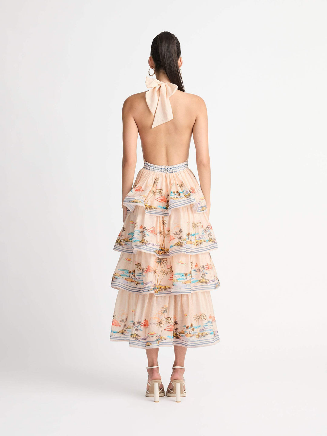 Alma Manzara Baskılı Katlı Boyundan Bağlı Uzun Elbise