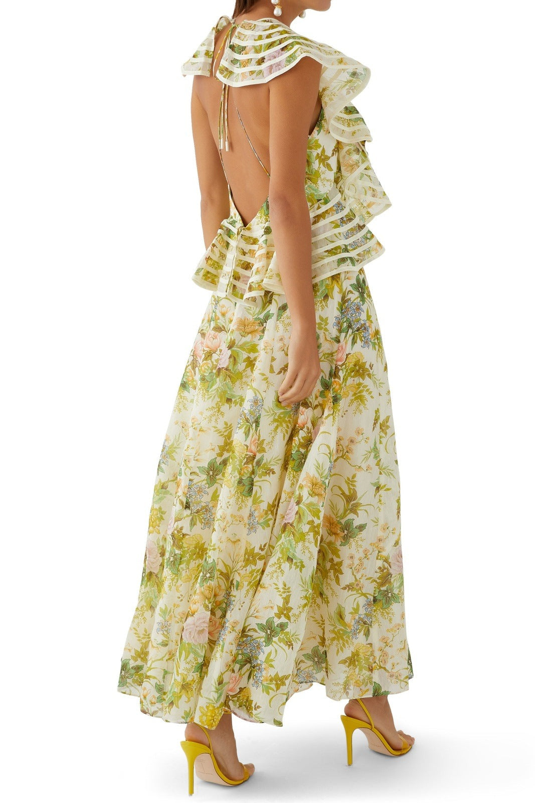 Aggie Baskılı Sırtı Açık Fırfırlı Maxi Elbise