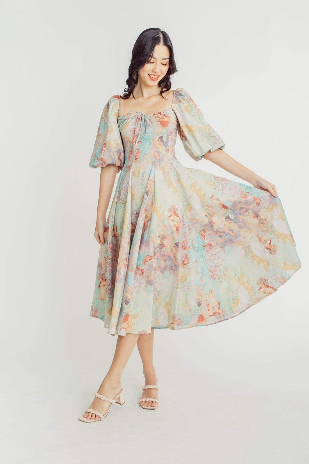 Joyce Baskılı Fener Kollu Midi Elbise