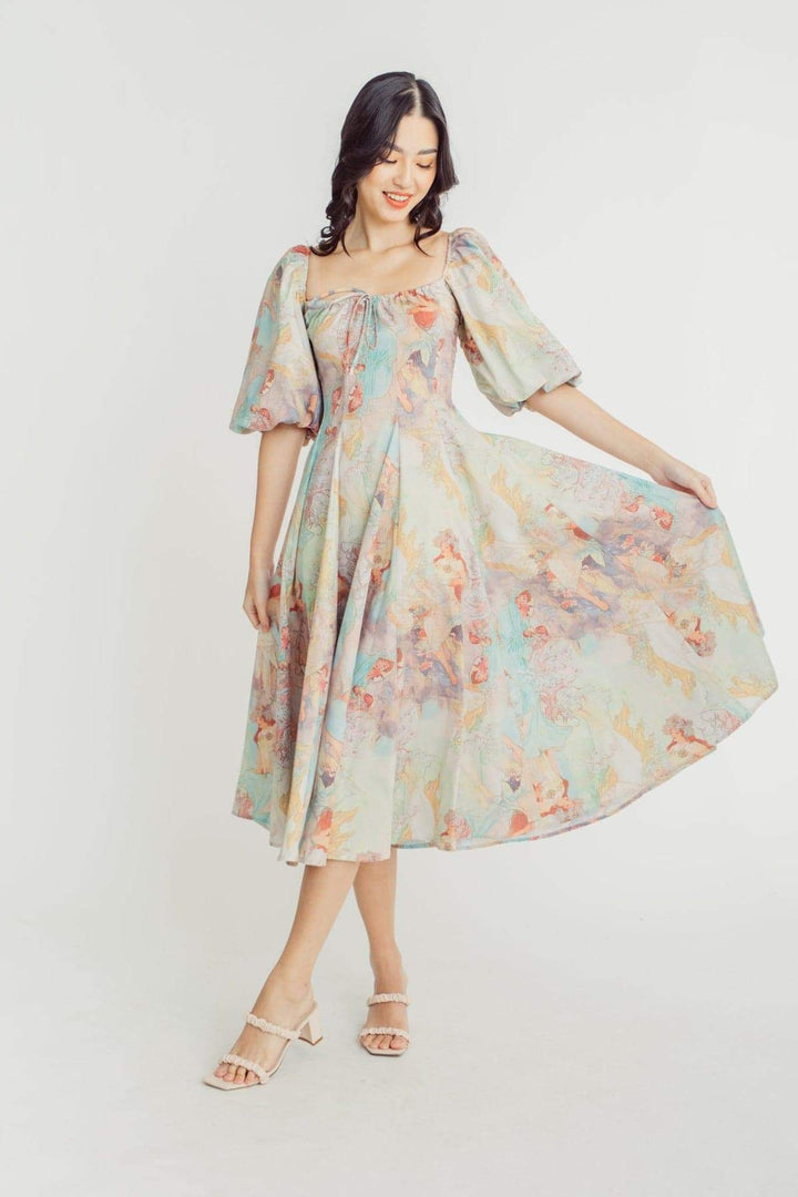 Joyce Baskılı Fener Kollu Midi Elbise