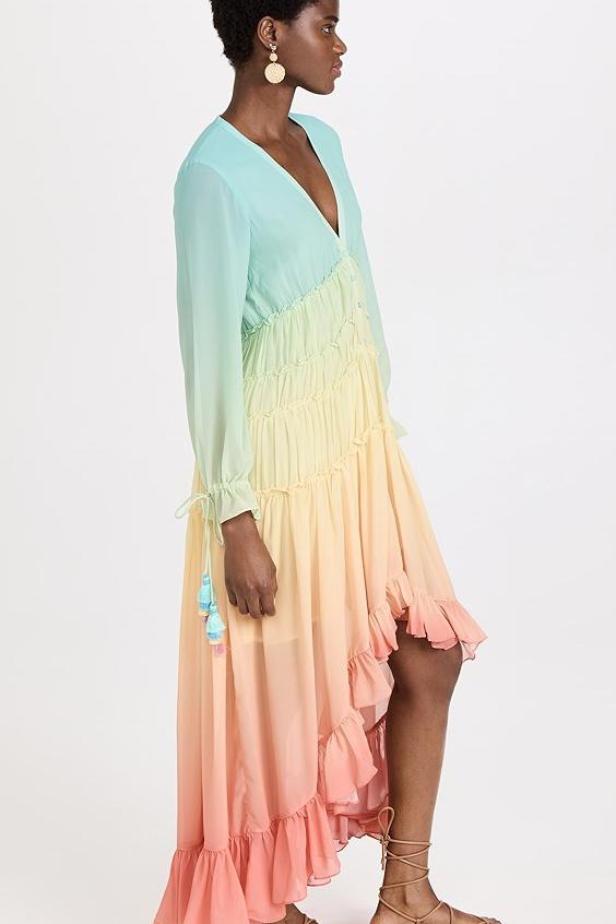 Güzel Gökkuşağı Degrade Fırfırlı Şifon Maxi Elbise