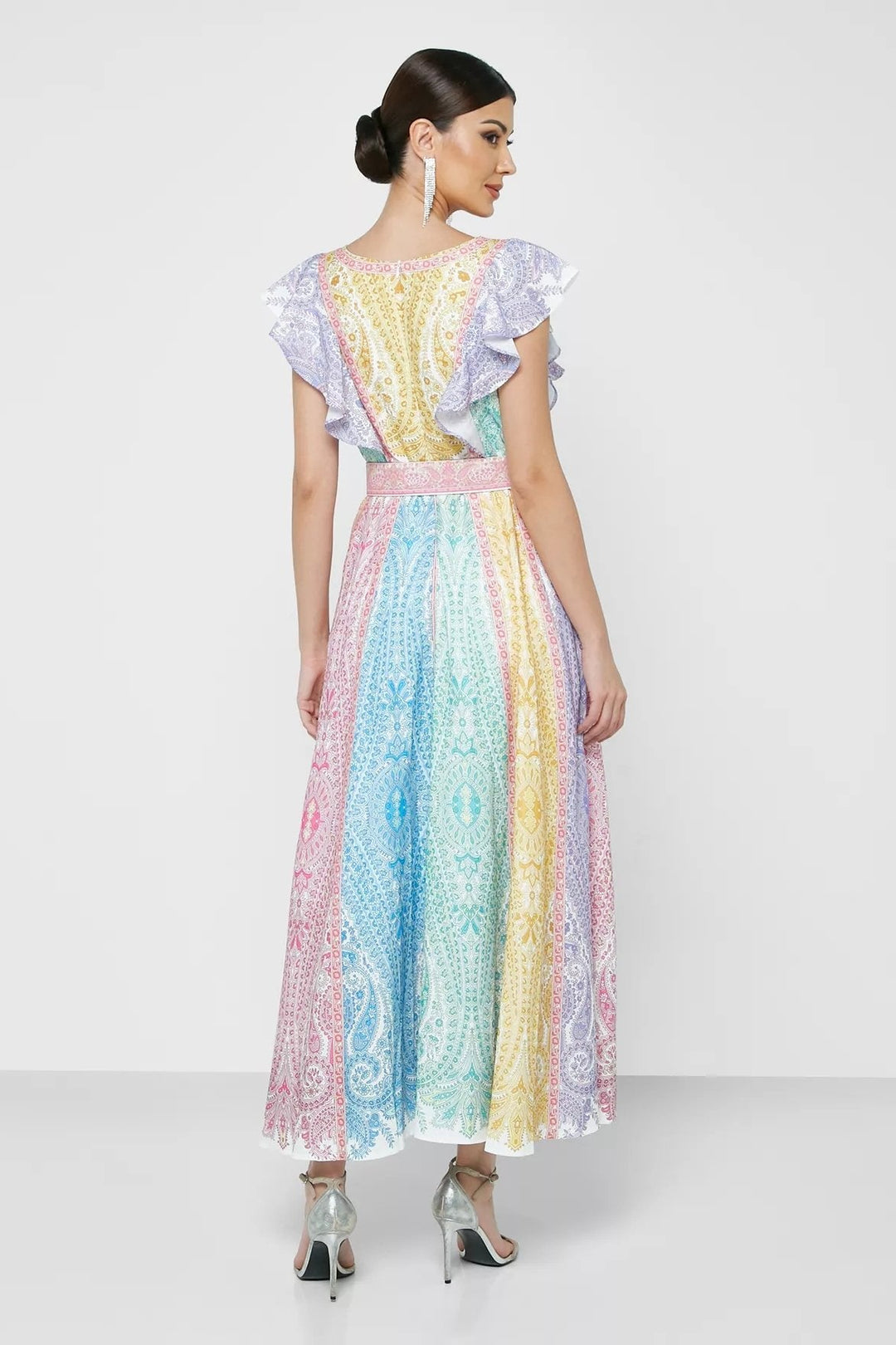 Zanna Baskılı Fırfırlı V Yaka Kemerli Uzun Elbise