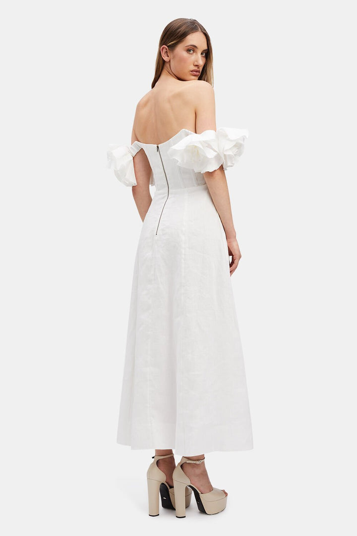 Zolia Çiçek Omuzu Açık Keten Midi Elbise