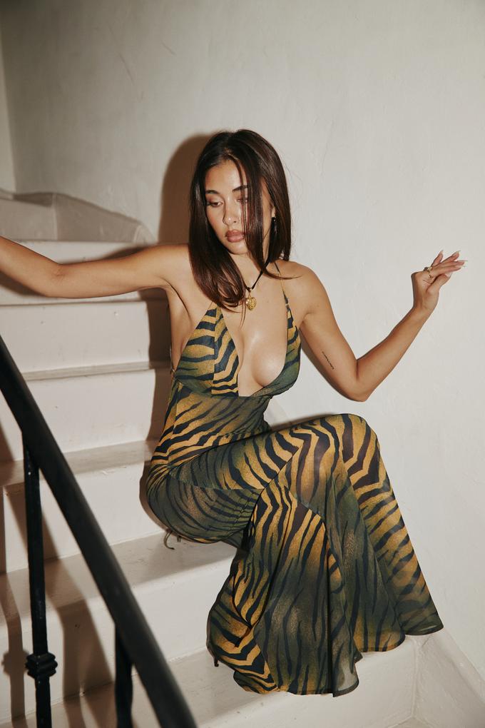 Juneen Baskılı Sırtı Açık Slip Maxi Elbise