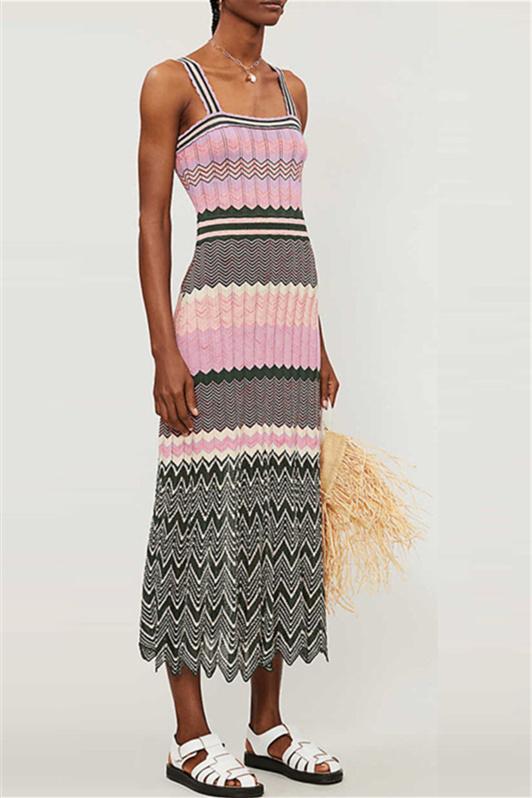 Kama Chevron Baskılı Uzun Triko Elbise