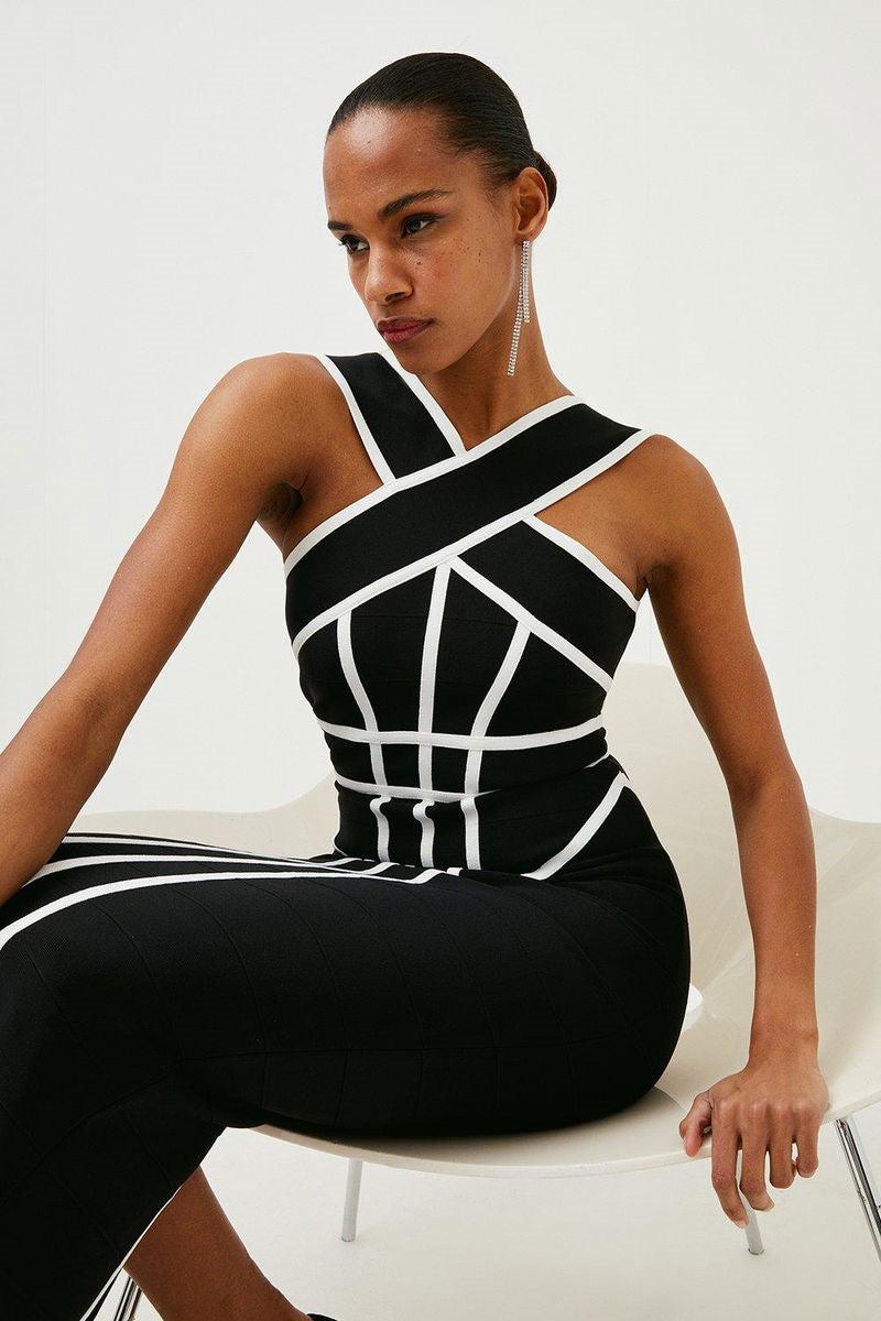 Myrna Çapraz Askılı Blok Renk Midi Yırtmaçlı Elbise