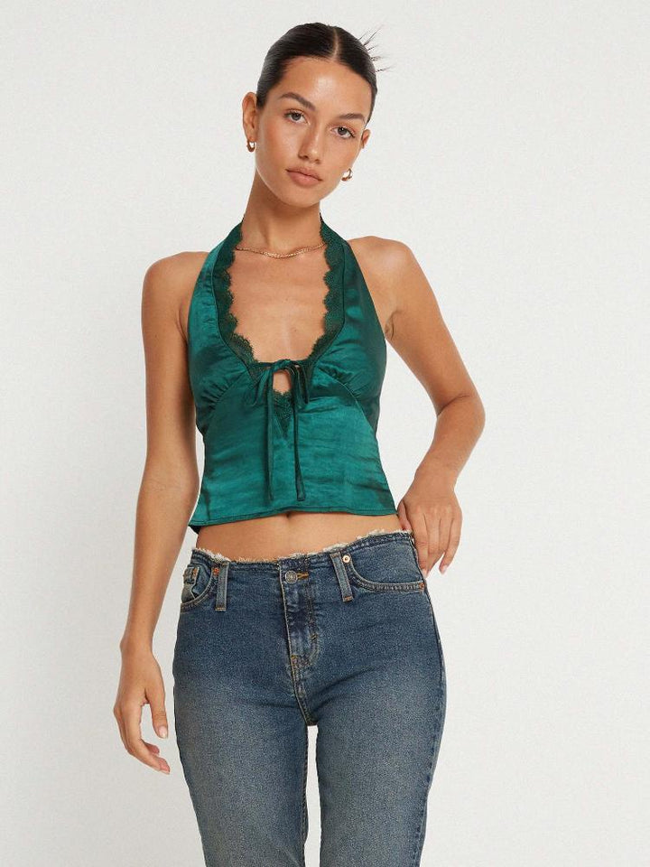 Kay Dantelli Boyundan Bağlamalı Saten Üst