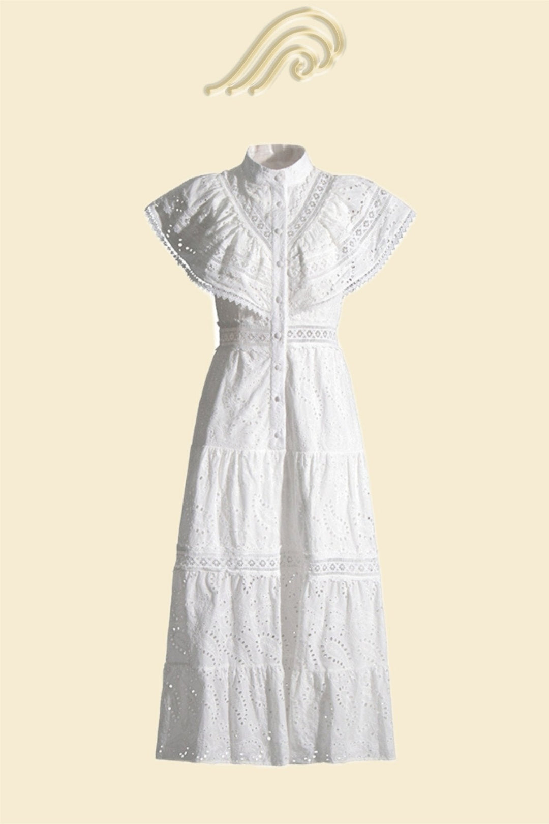Kit Nakışlı Dantel Fırfırlı Düğmeli Midi Elbise