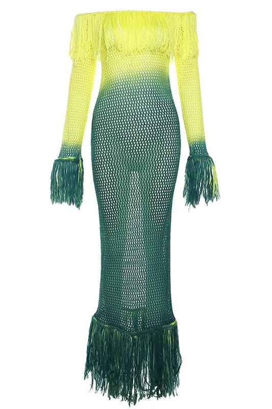 Lara Degrade Püsküllü Tığ İşi Uzun Elbise