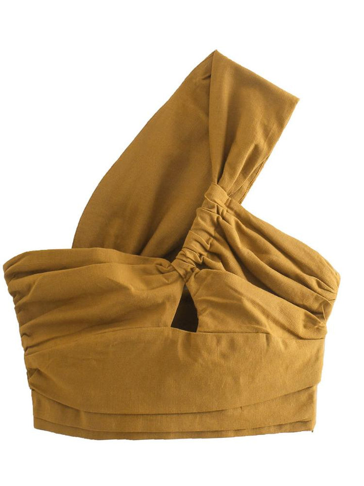 Laura Tek Omuzlu Crop Keten Üst