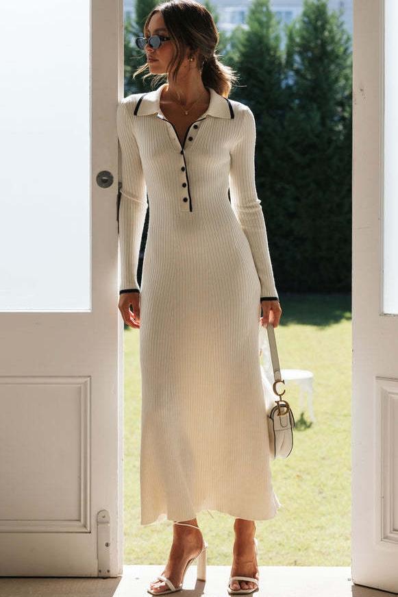 Defne Düğmeli Yaka Midi Triko Elbise