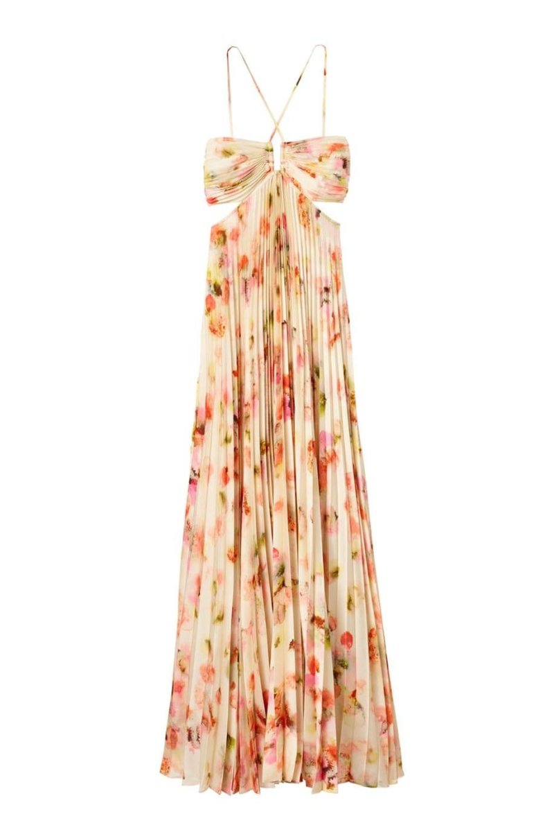 Leila Boyundan Bağlamalı Kesik Pileli Maxi Elbise