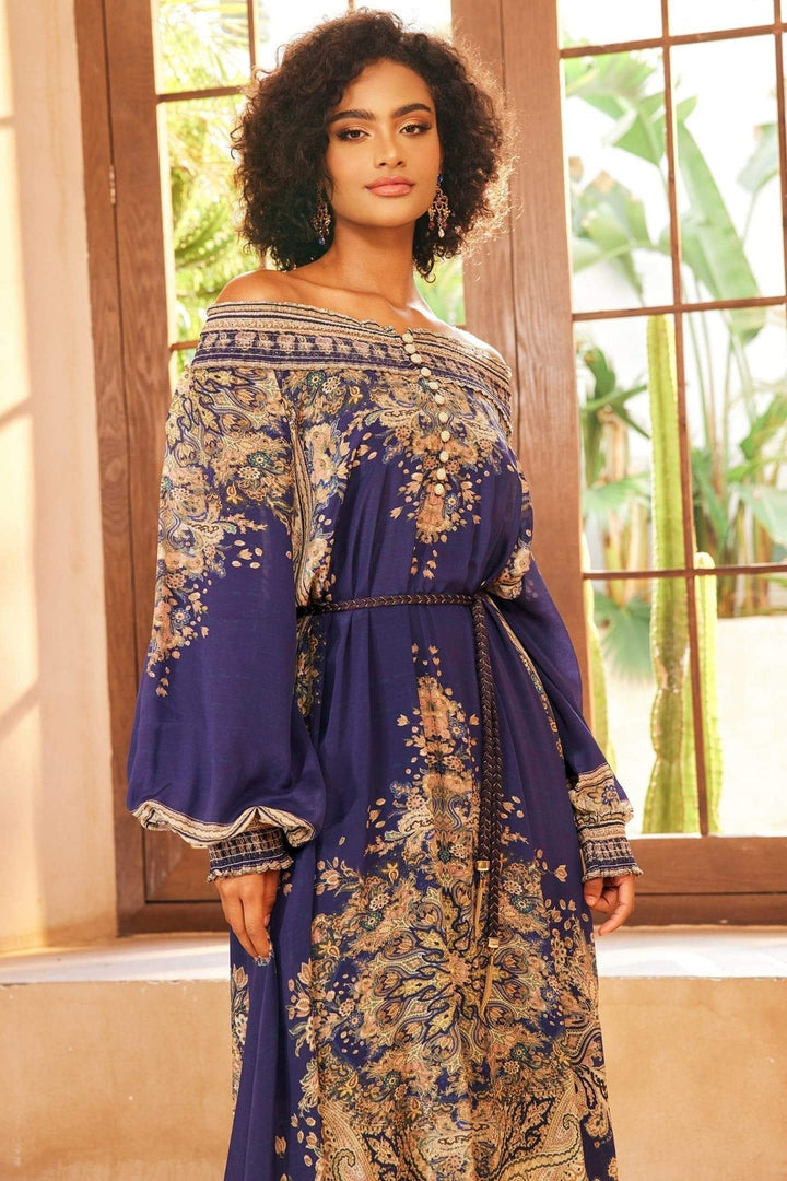 Leila Paisley Desenli Uzun Kollu Maxi Elbise