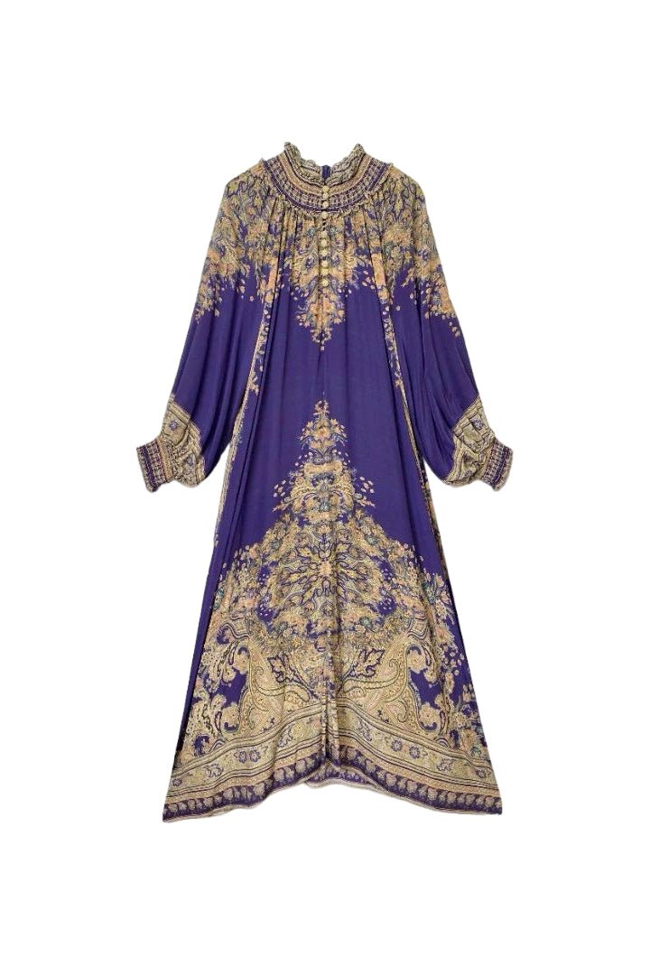 Leila Paisley Desenli Uzun Kollu Maxi Elbise