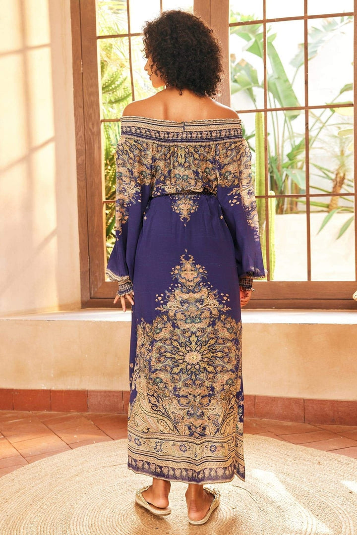 Leila Paisley Desenli Uzun Kollu Maxi Elbise