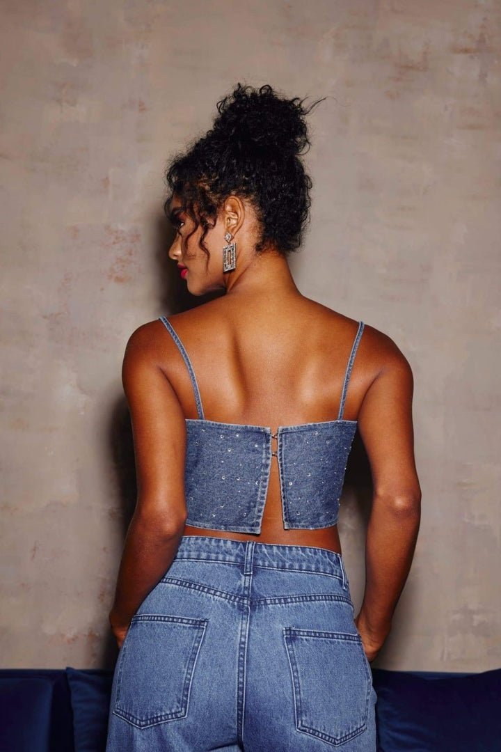Lena Diamante Denim Crop Top