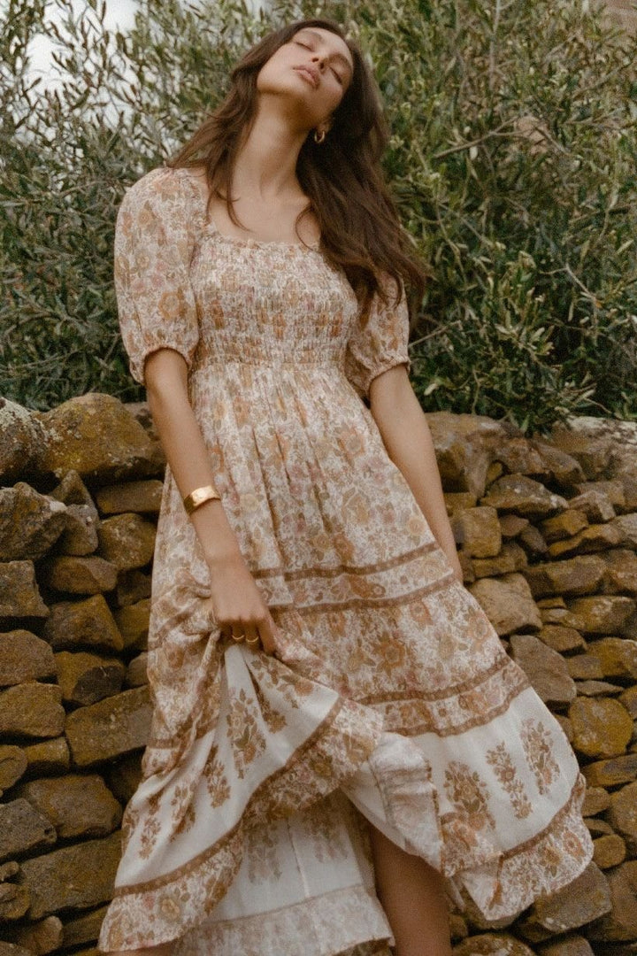 Libby Baskılı Büzgülü Korsajlı Geniş Midi Elbise