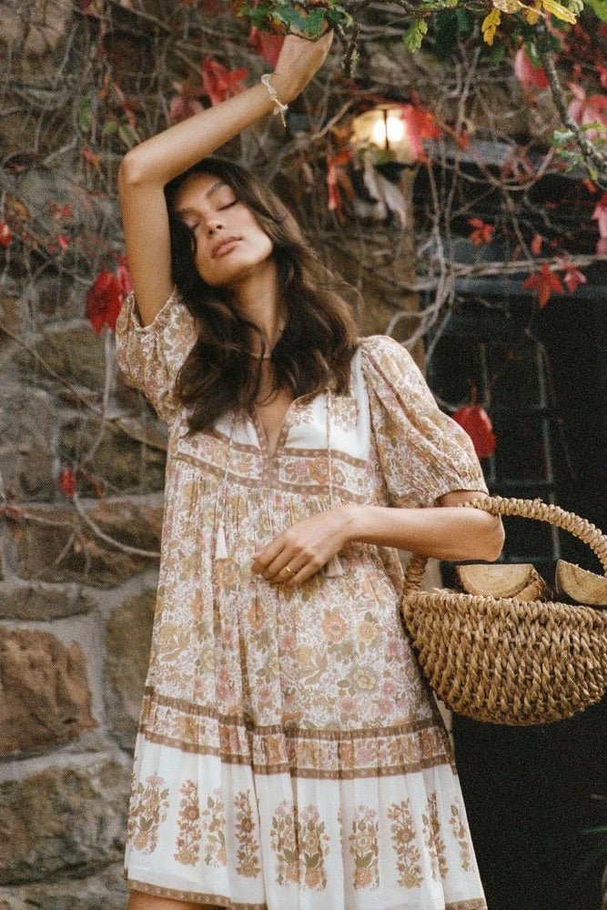 Libby Baskılı Püsküllü V Yaka Mini Köylü Elbise