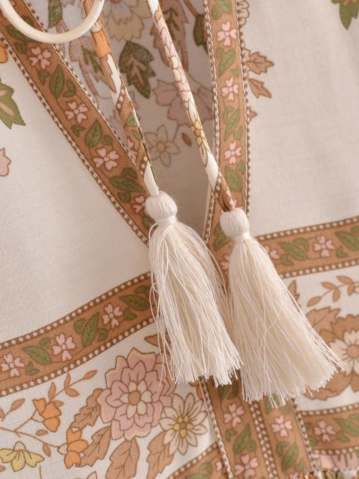 Libby Baskılı Püsküllü V Yaka Mini Köylü Elbise