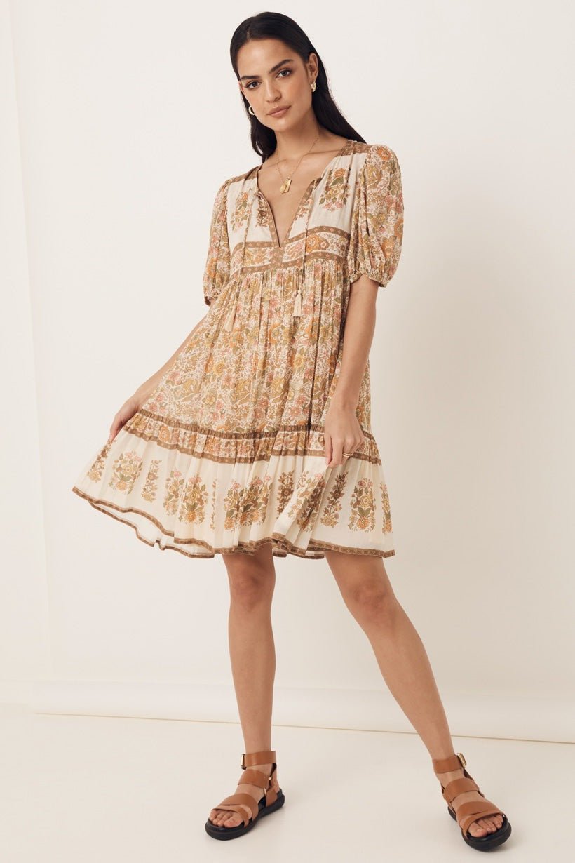 Libby Baskılı Püsküllü V Yaka Mini Köylü Elbise