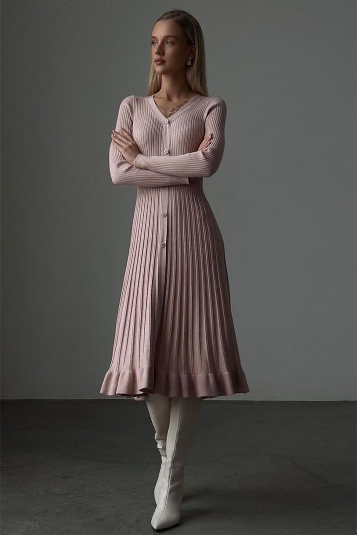 Lillian V Yaka Çizgili Triko Midi Elbise