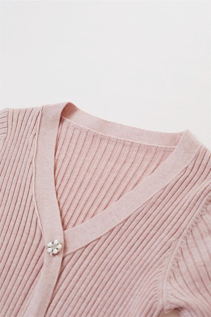 Lillian V Yaka Çizgili Triko Midi Elbise