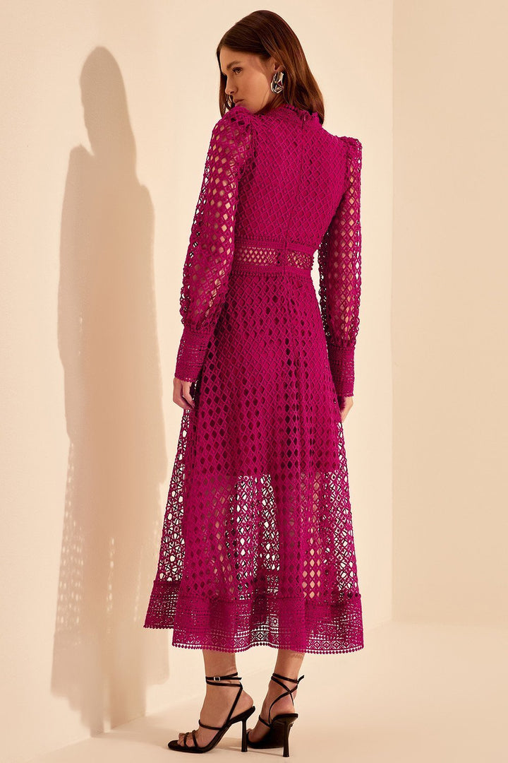 Liz İşlemeli Dantel İçi Boş Midi Elbise