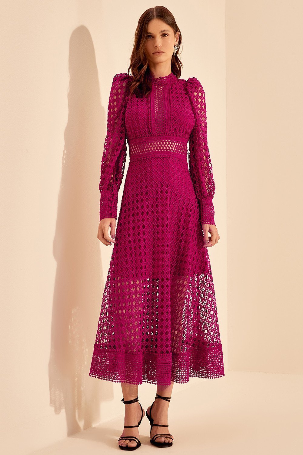 Liz İşlemeli Dantel İçi Boş Midi Elbise