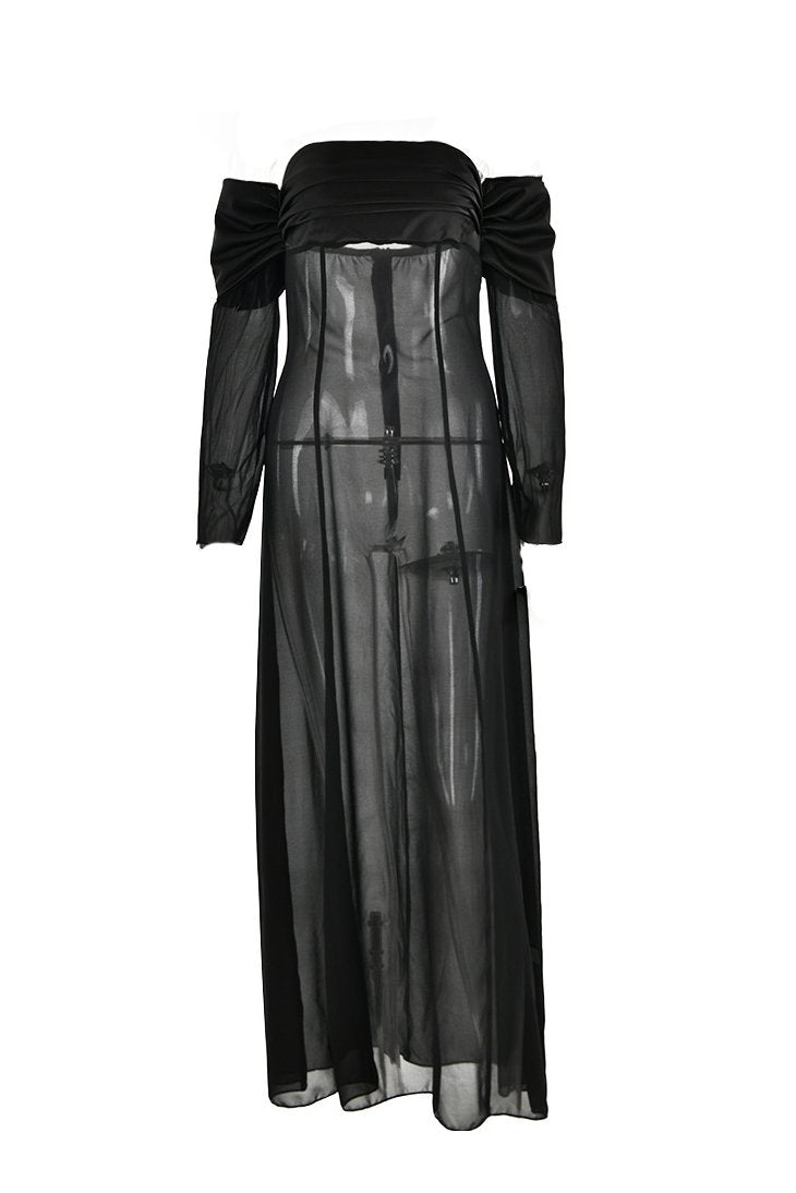 Liz Omuzu Açık Şifon Maxi Elbise