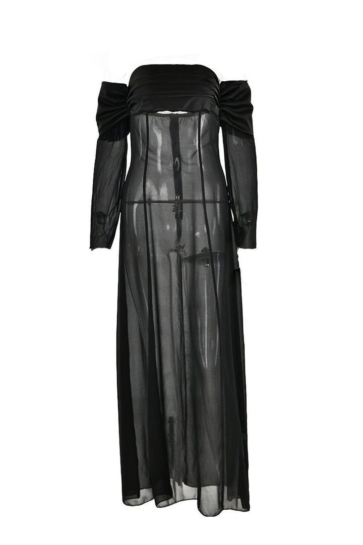 Liz Omuzu Açık Şifon Maxi Elbise