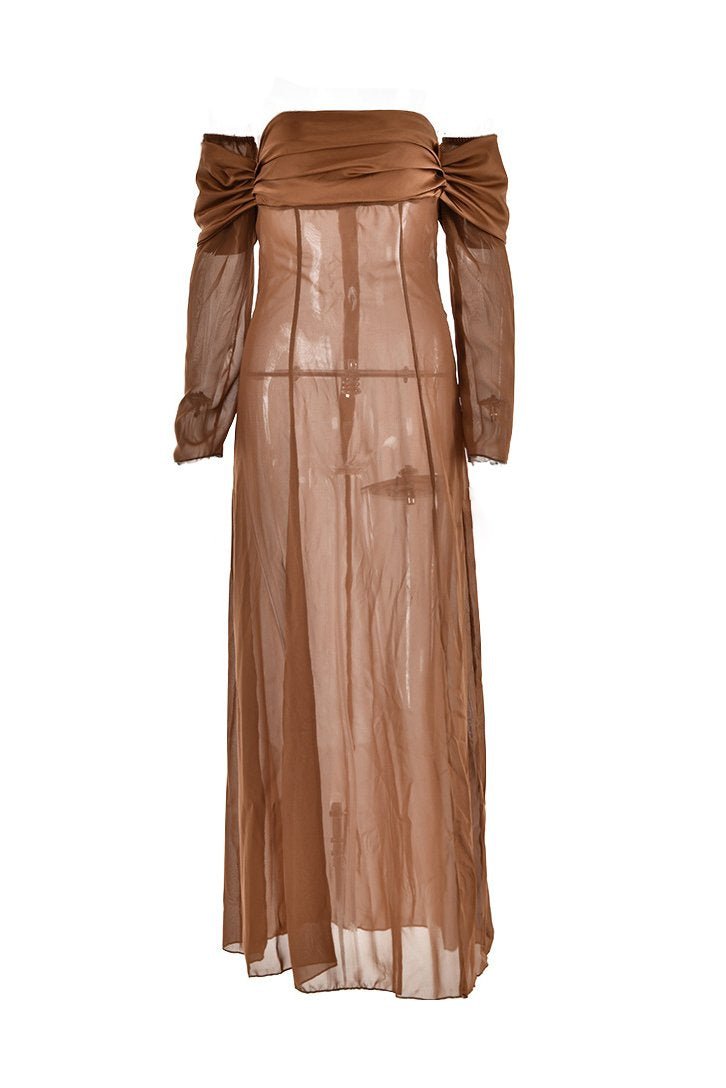 Liz Omuzu Açık Şifon Maxi Elbise