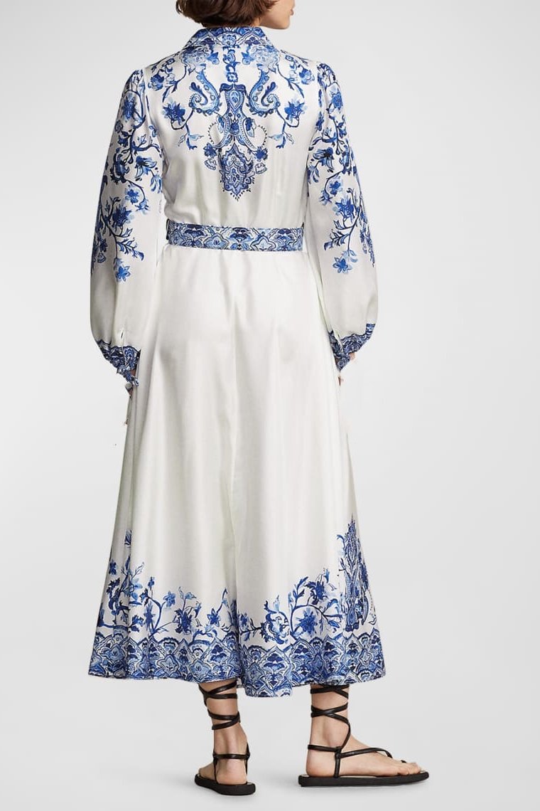 Liz Baskılı Kuşaklı Flare Midi Gömlek Elbise