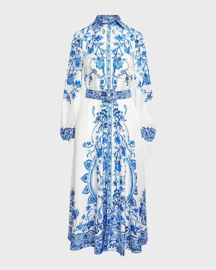 Liz Baskılı Kuşaklı Flare Midi Gömlek Elbise