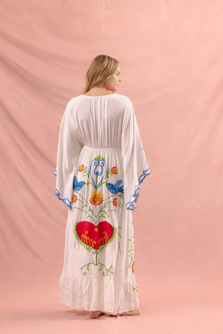 Lola İşlemeli V Yaka Bağcıklı Elbise